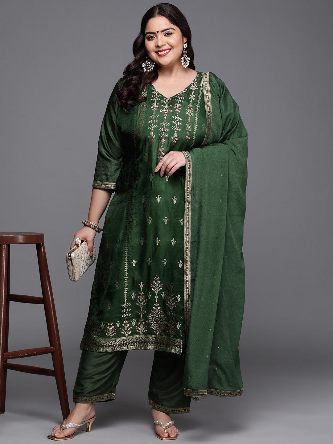 Plus Size Green Self Design Silk Blend Suit Set