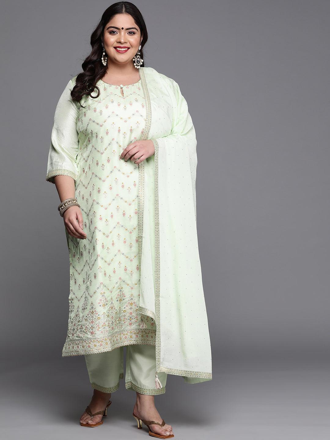 Plus Size Green Woven Design Silk Blend Suit Set