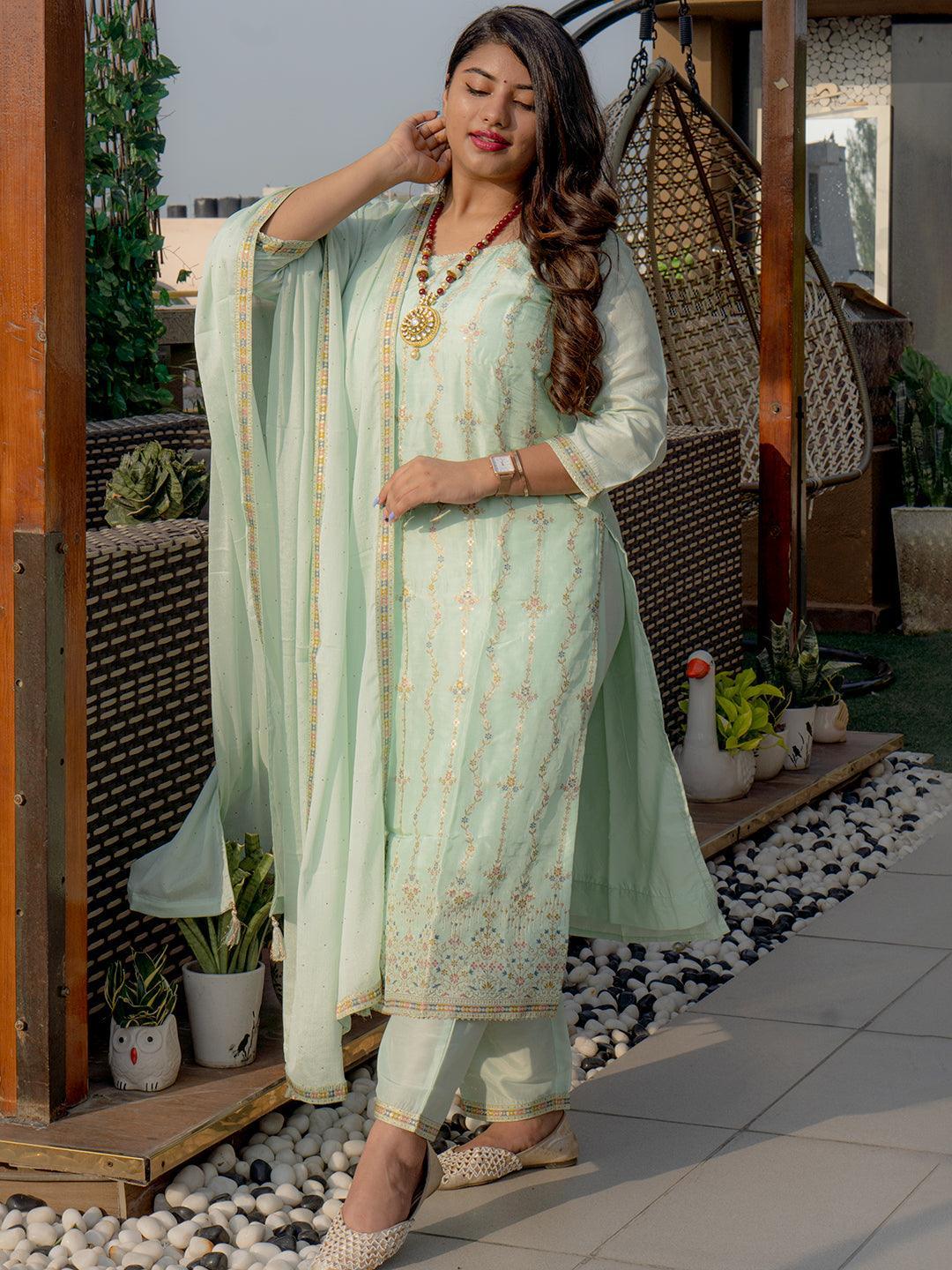 Plus Size Sea Green Woven Design Silk Blend Suit Set