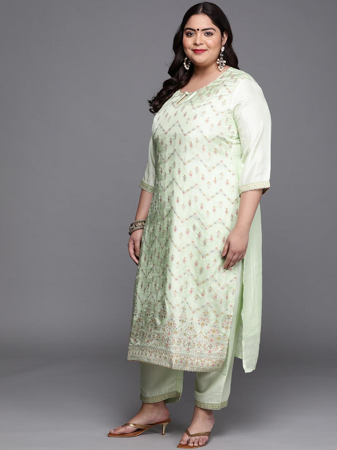 Plus Size Green Woven Design Silk Blend Suit Set