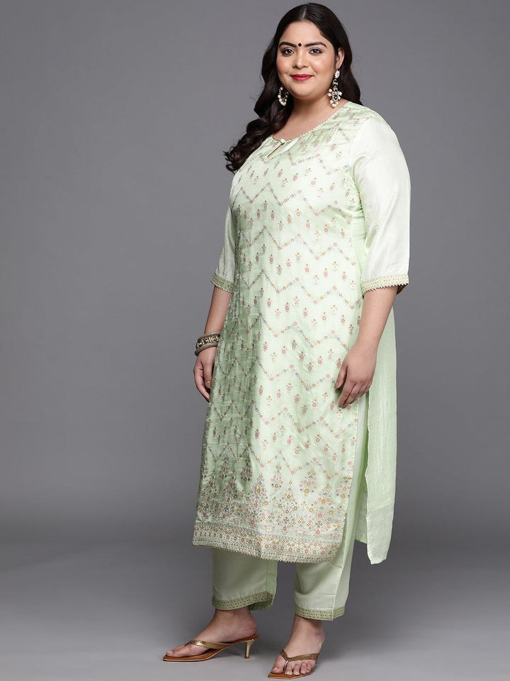 Plus Size Green Woven Design Silk Blend Suit Set - ShopLibas