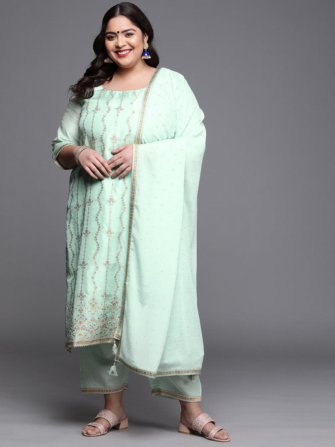 Plus Size Sea Green Woven Design Silk Blend Suit Set