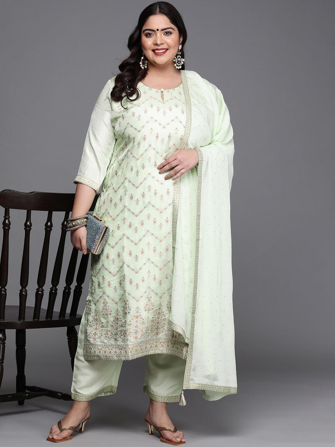 Plus Size Green Woven Design Silk Blend Suit Set