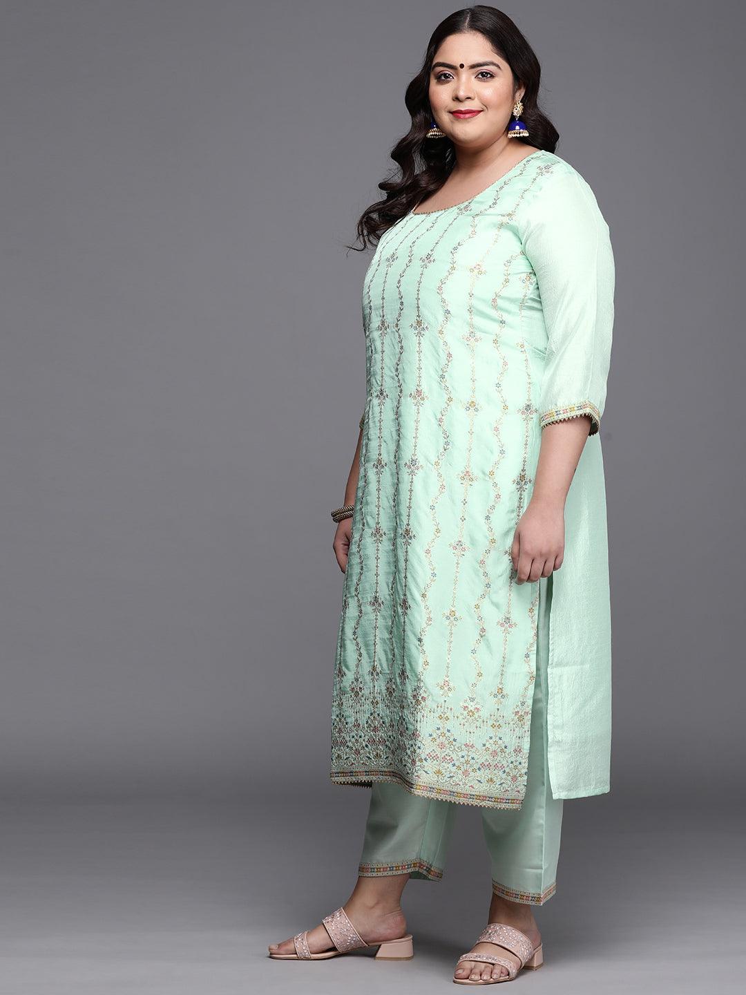 Plus Size Sea Green Woven Design Silk Blend Suit Set