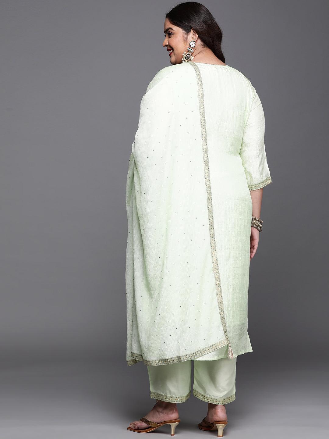 Plus Size Green Woven Design Silk Blend Suit Set