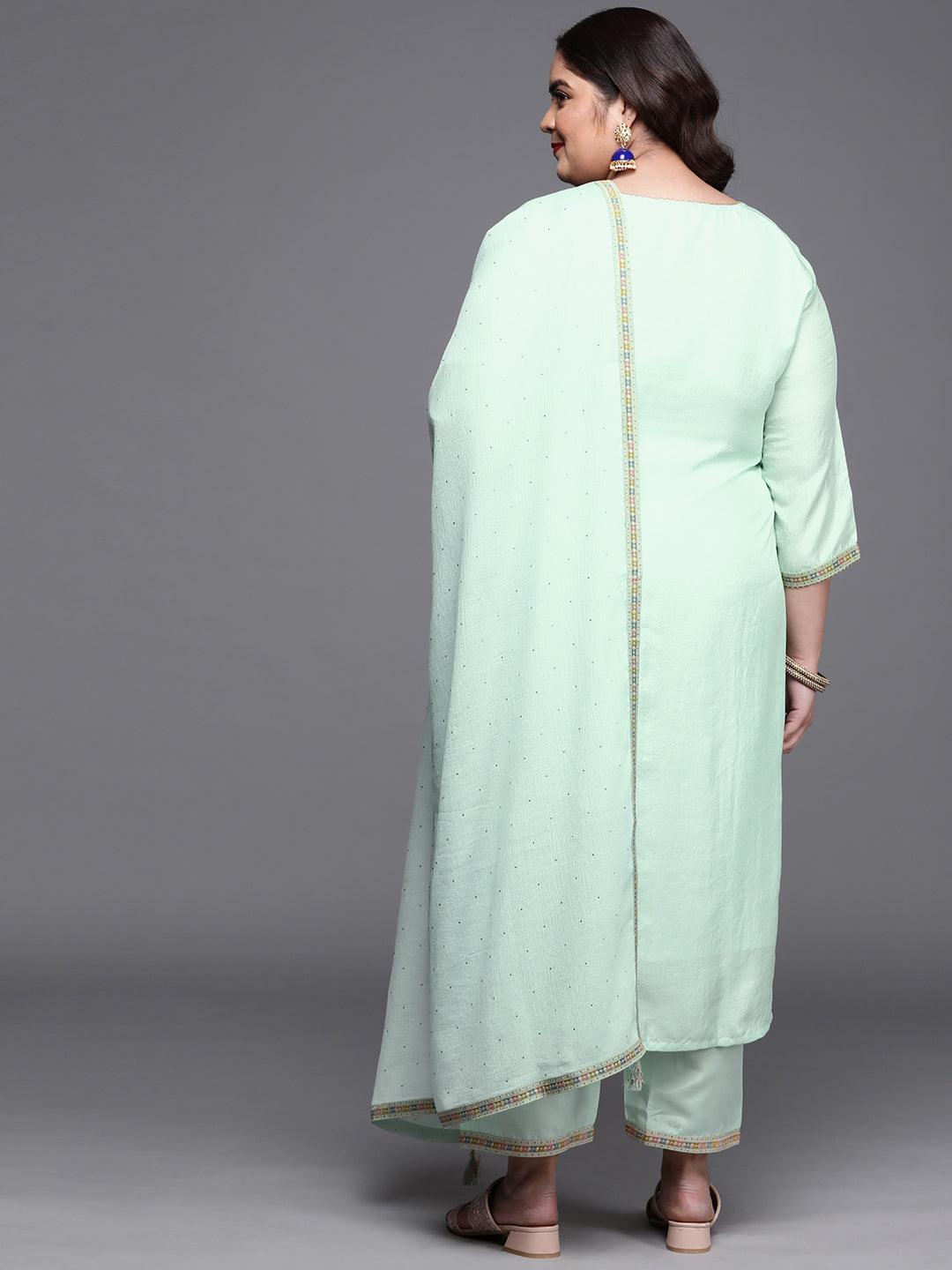 Plus Size Sea Green Woven Design Silk Blend Suit Set