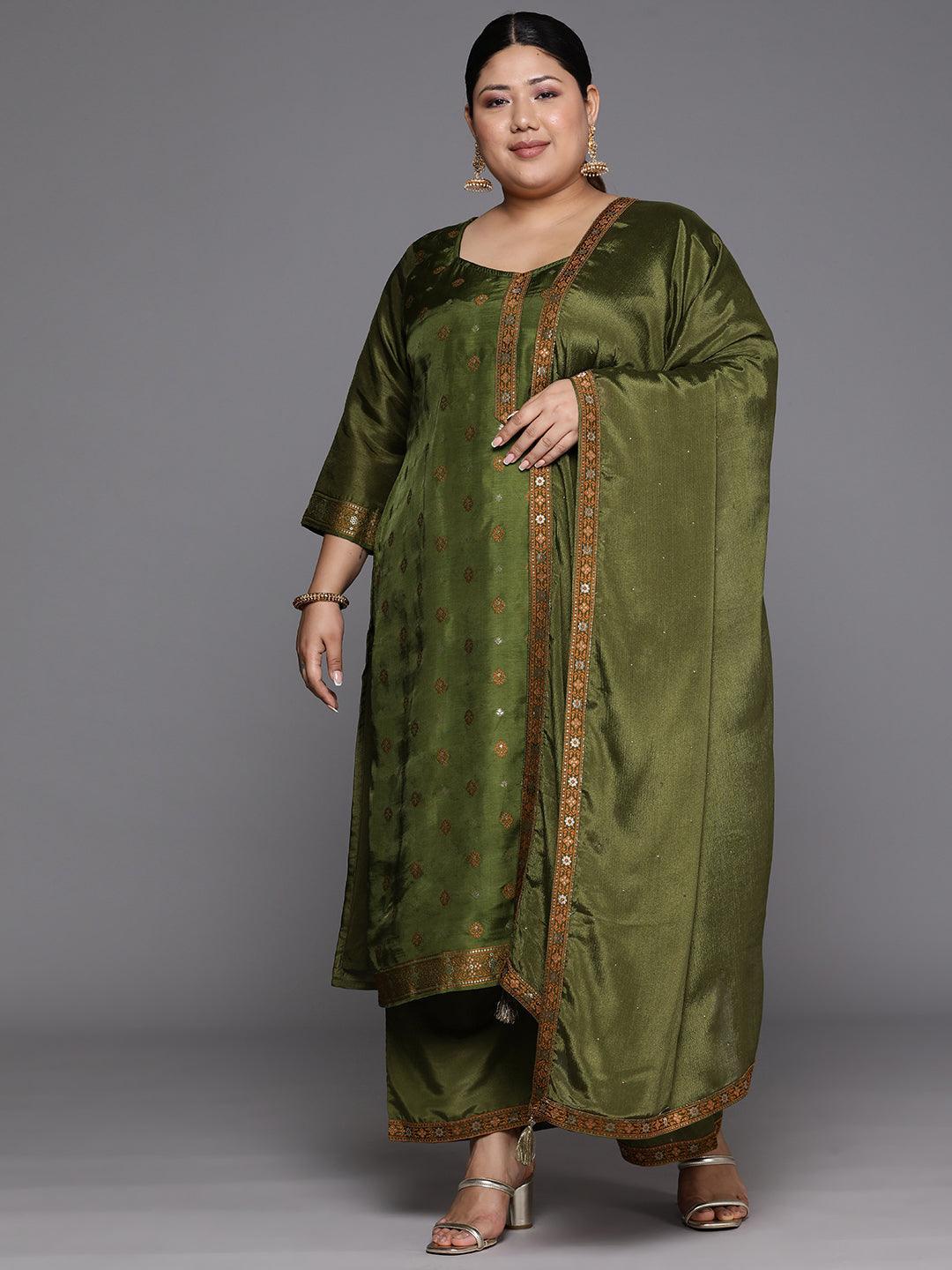 Plus Size Green Woven Design Silk Blend Straight Kurta With Trousers & Dupatta