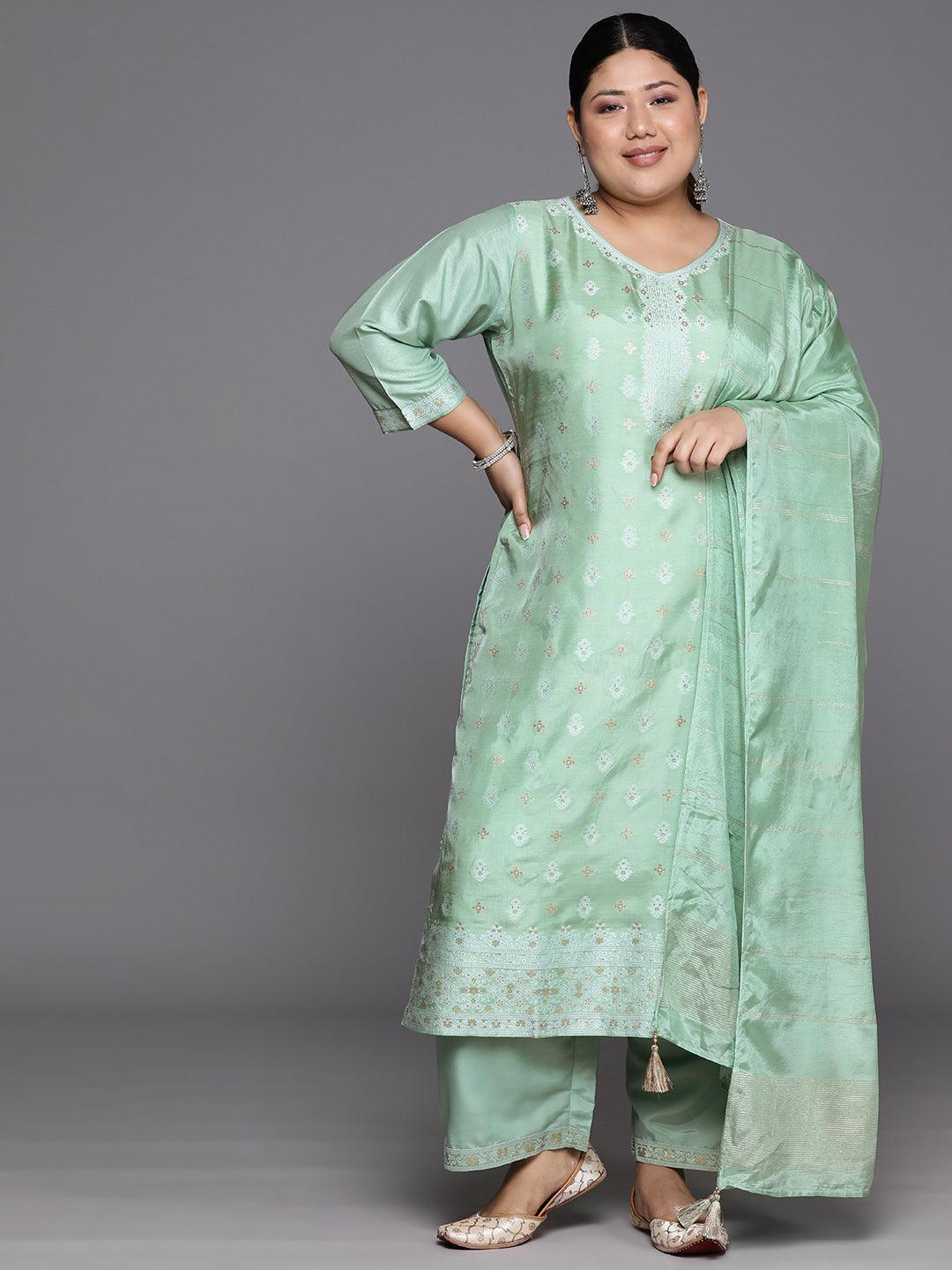 Plus Size Green Woven Design Silk Blend Straight Kurta With Trousers & Dupatta