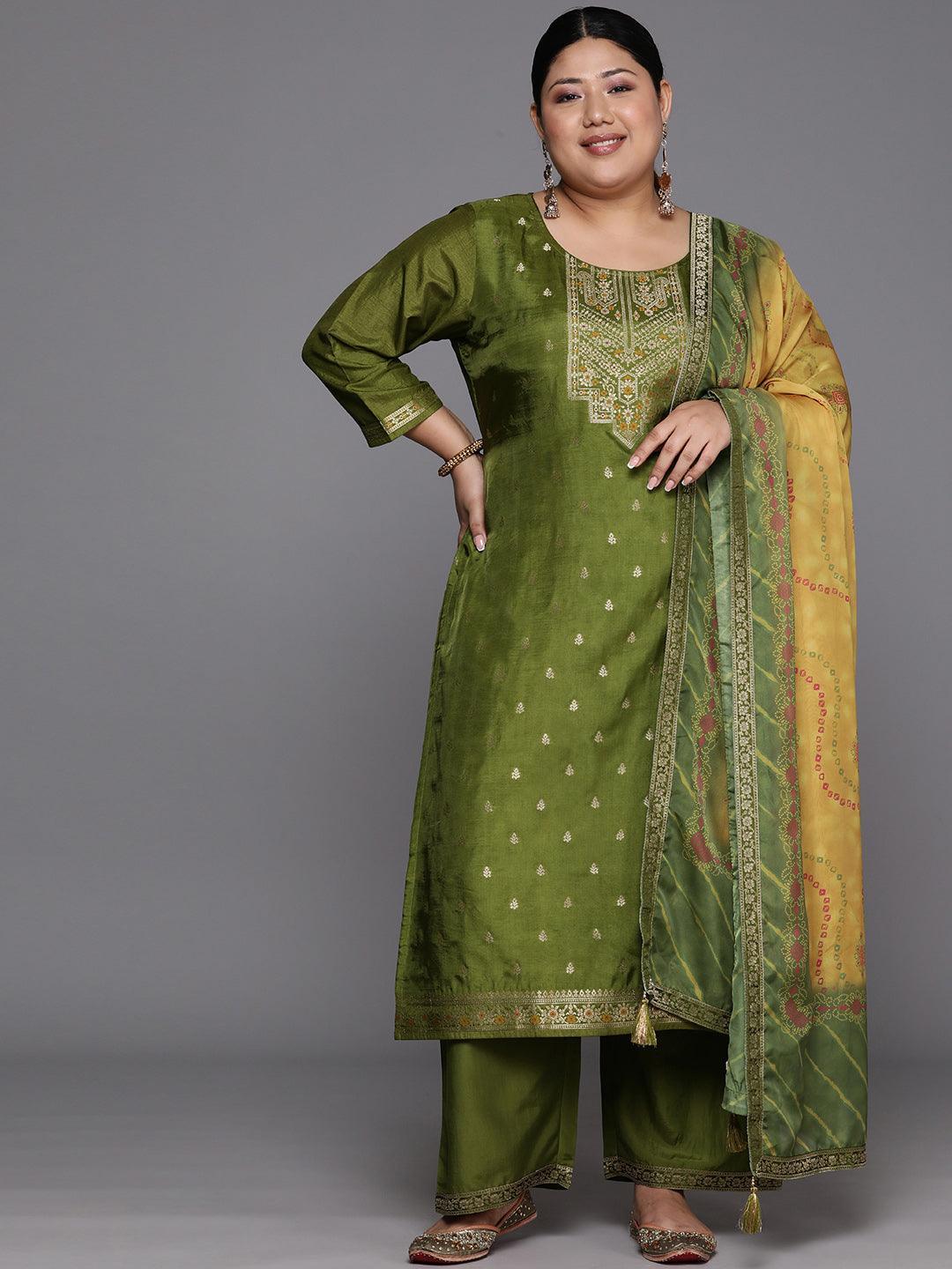 Plus Size Green Woven Design Silk Blend Straight Kurta With Trousers & Dupatta