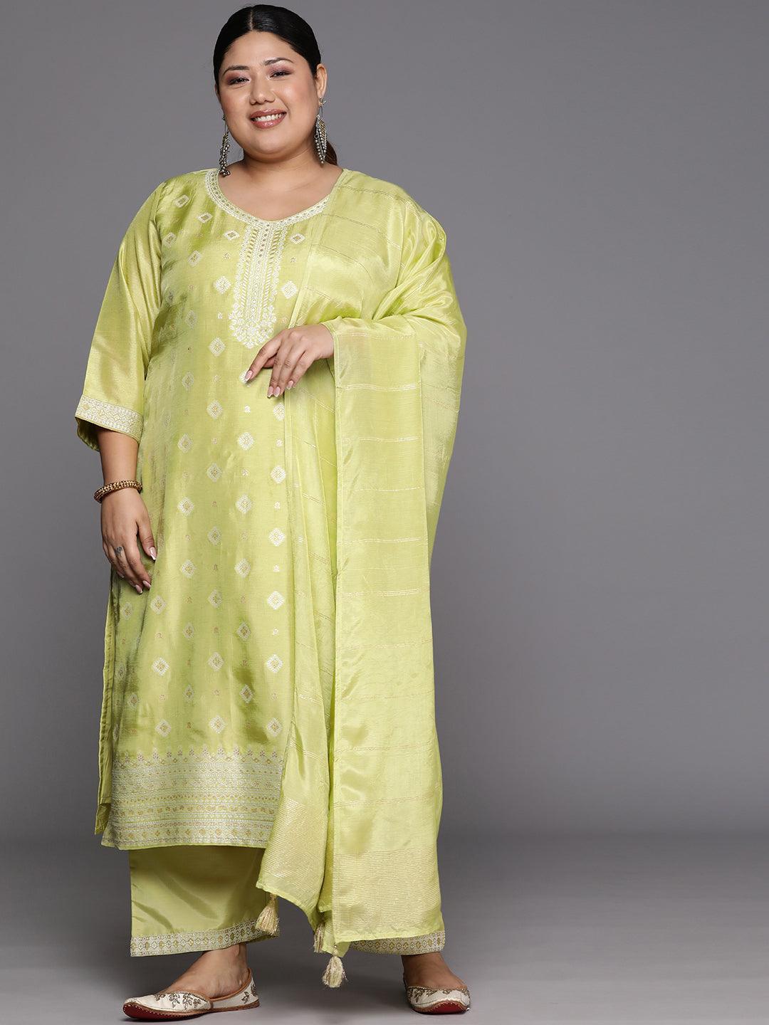 Plus Size Green Woven Design Silk Blend Straight Kurta With Trousers & Dupatta