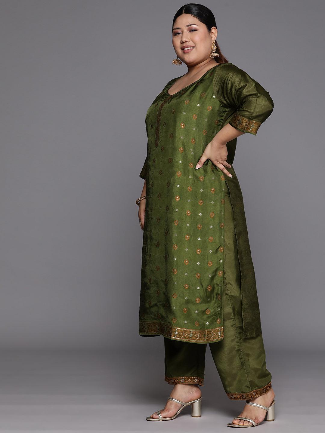 Plus Size Green Woven Design Silk Blend Straight Kurta With Trousers & Dupatta