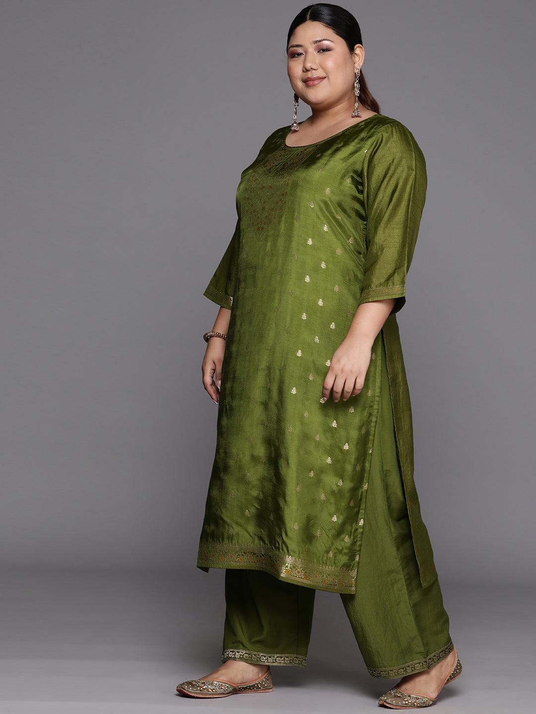 Plus Size Green Woven Design Silk Blend Straight Kurta With Trousers & Dupatta