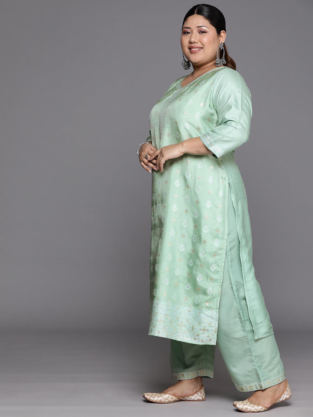 Plus Size Green Woven Design Silk Blend Straight Kurta With Trousers & Dupatta