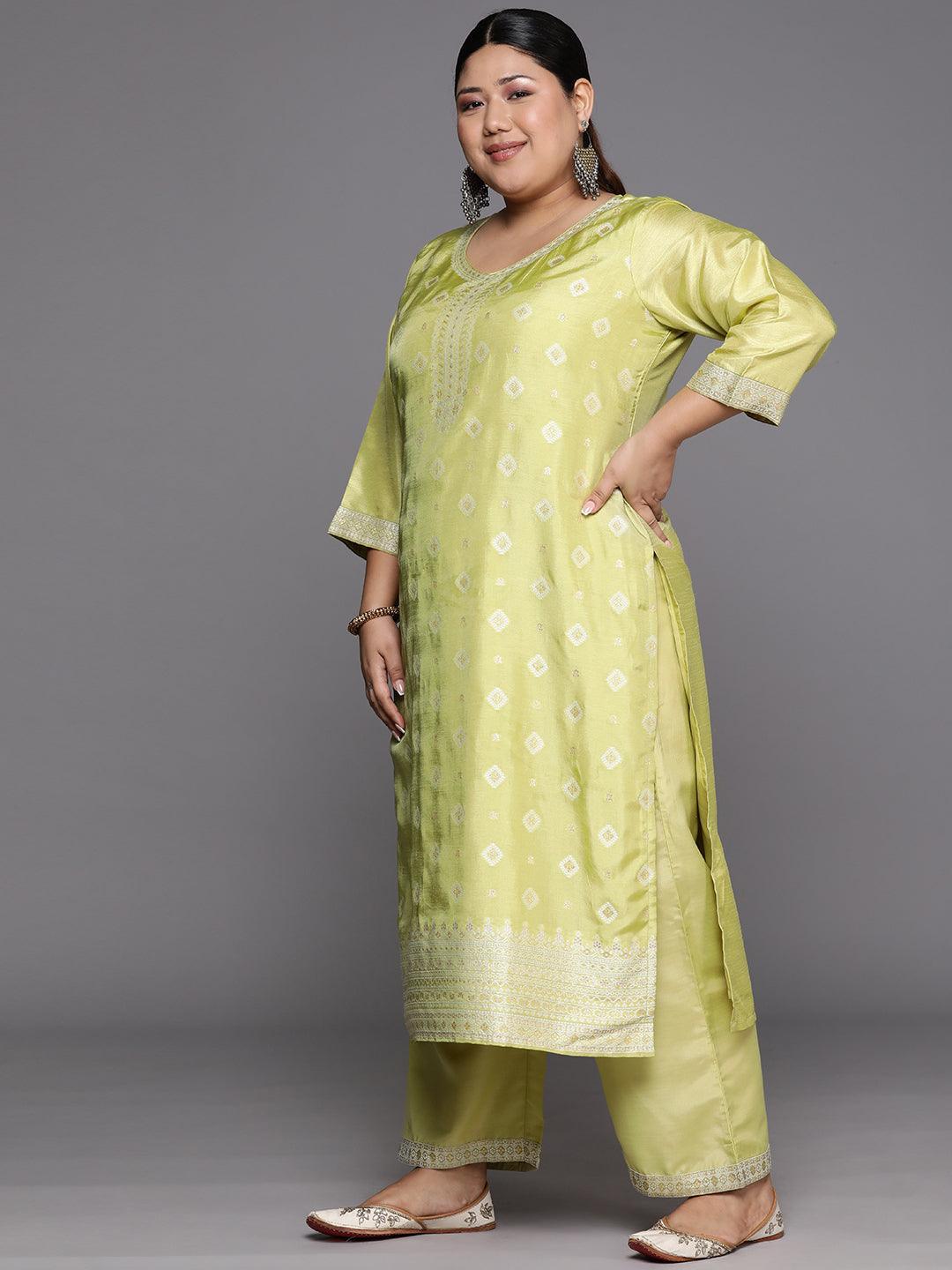 Plus Size Green Woven Design Silk Blend Straight Kurta With Trousers & Dupatta