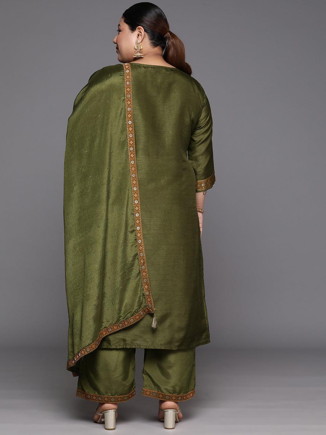 Plus Size Green Woven Design Silk Blend Straight Kurta With Trousers & Dupatta