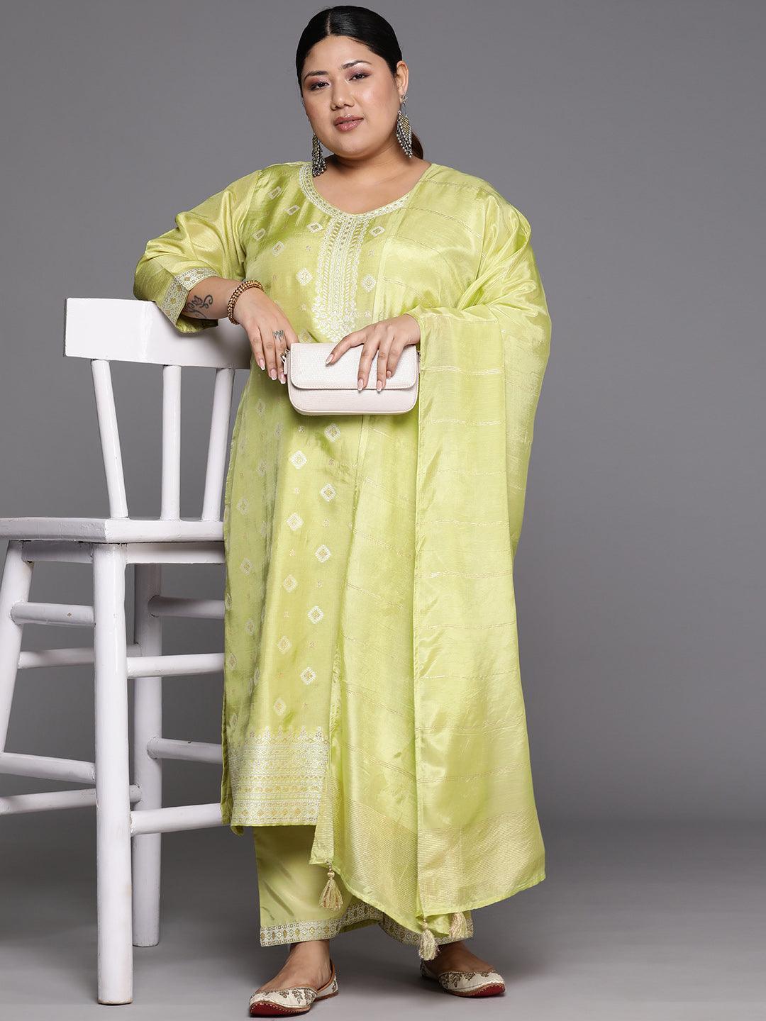 Plus Size Green Woven Design Silk Blend Straight Kurta With Trousers & Dupatta