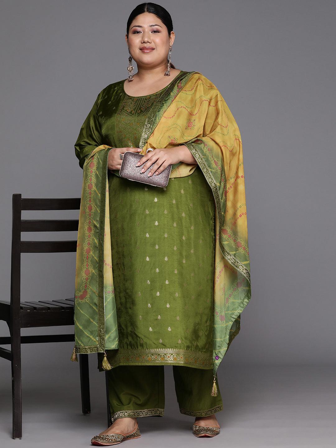 Plus Size Green Woven Design Silk Blend Straight Kurta With Trousers & Dupatta