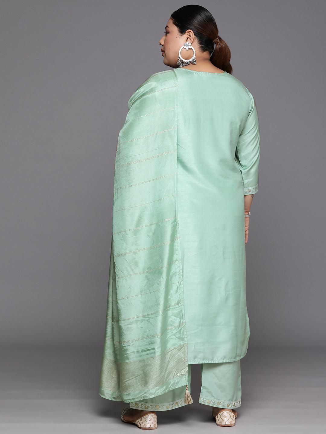 Plus Size Green Woven Design Silk Blend Straight Kurta With Trousers & Dupatta