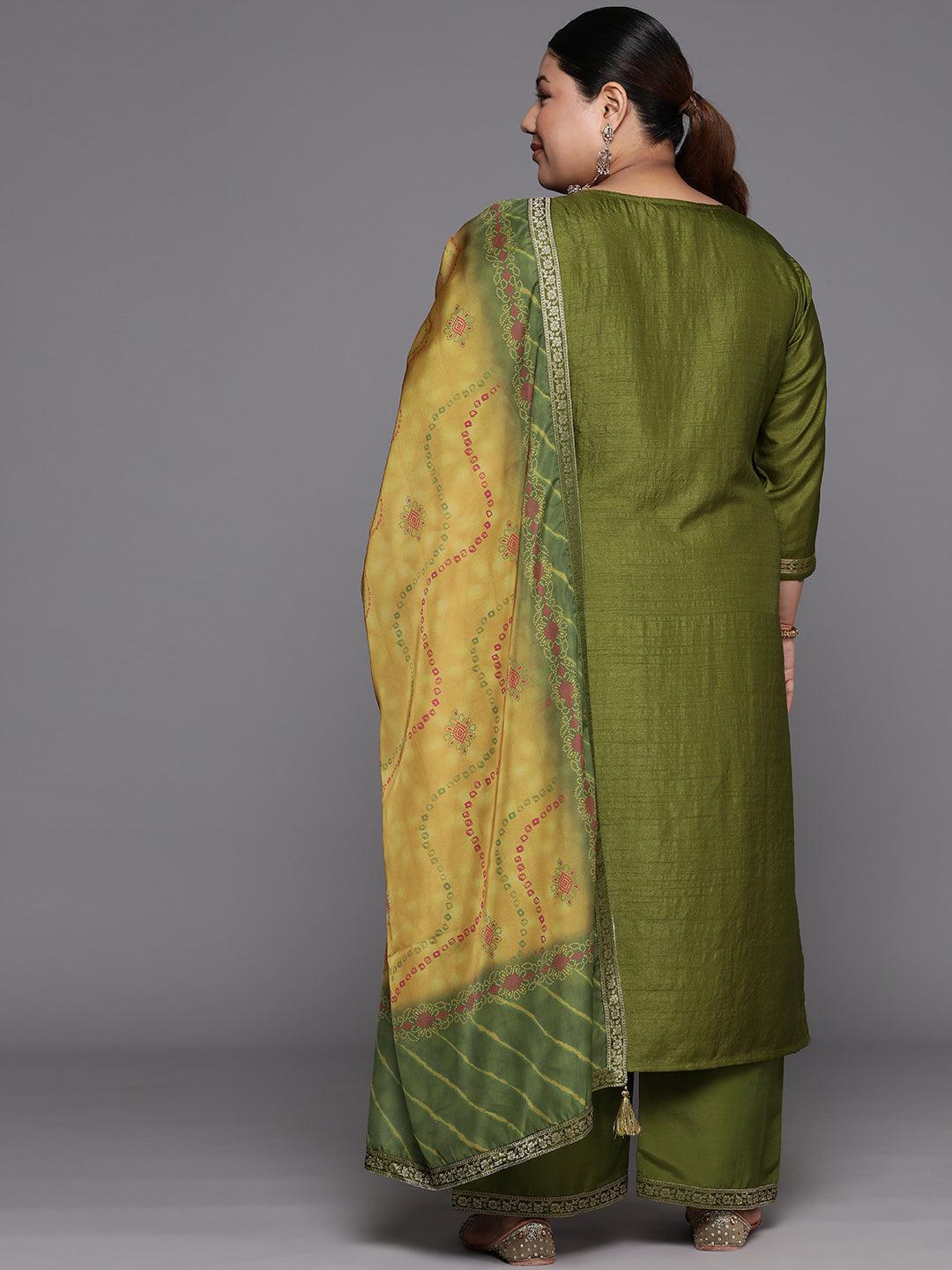 Plus Size Green Woven Design Silk Blend Straight Kurta With Trousers & Dupatta