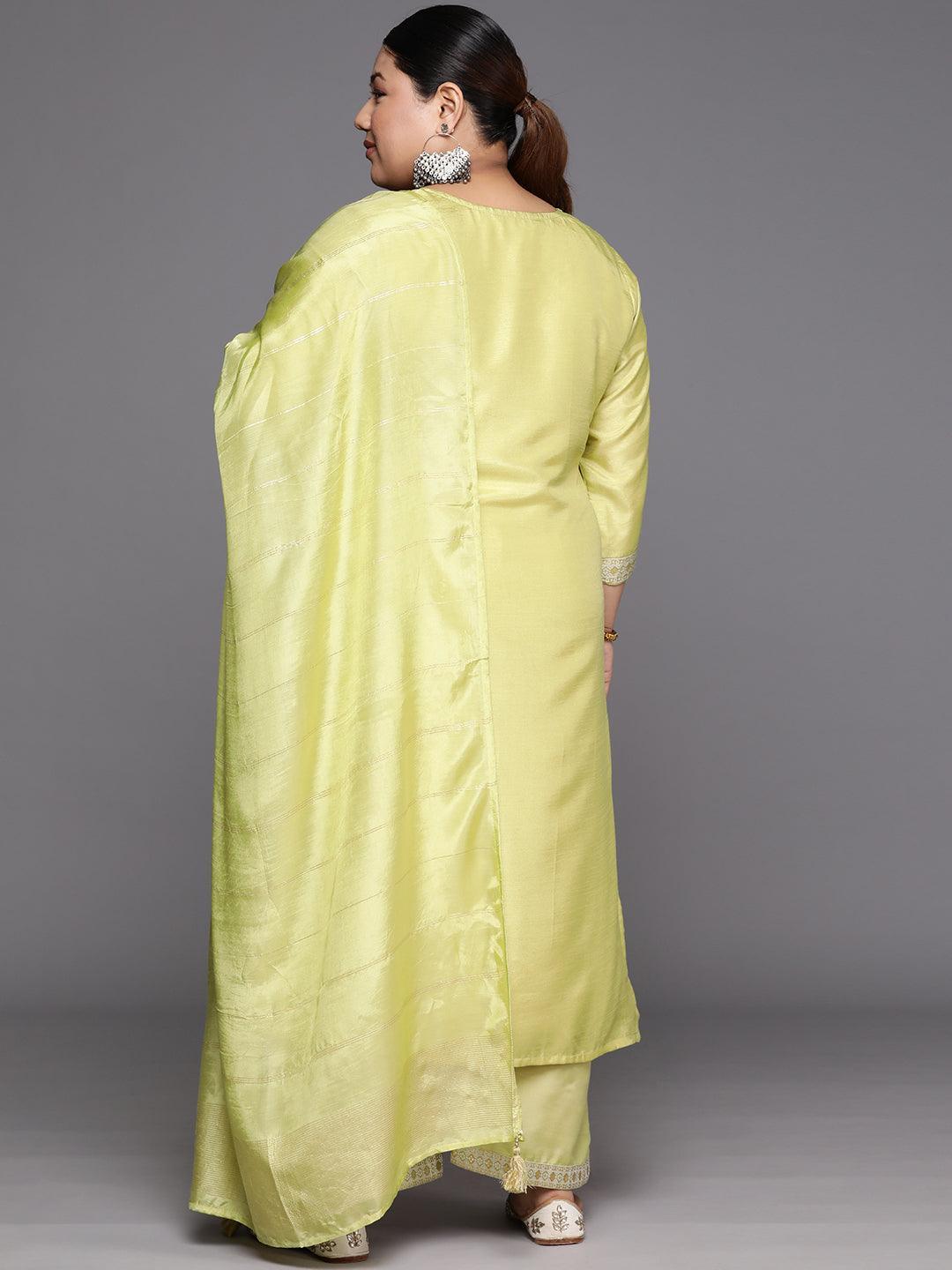 Plus Size Green Woven Design Silk Blend Straight Kurta With Trousers & Dupatta