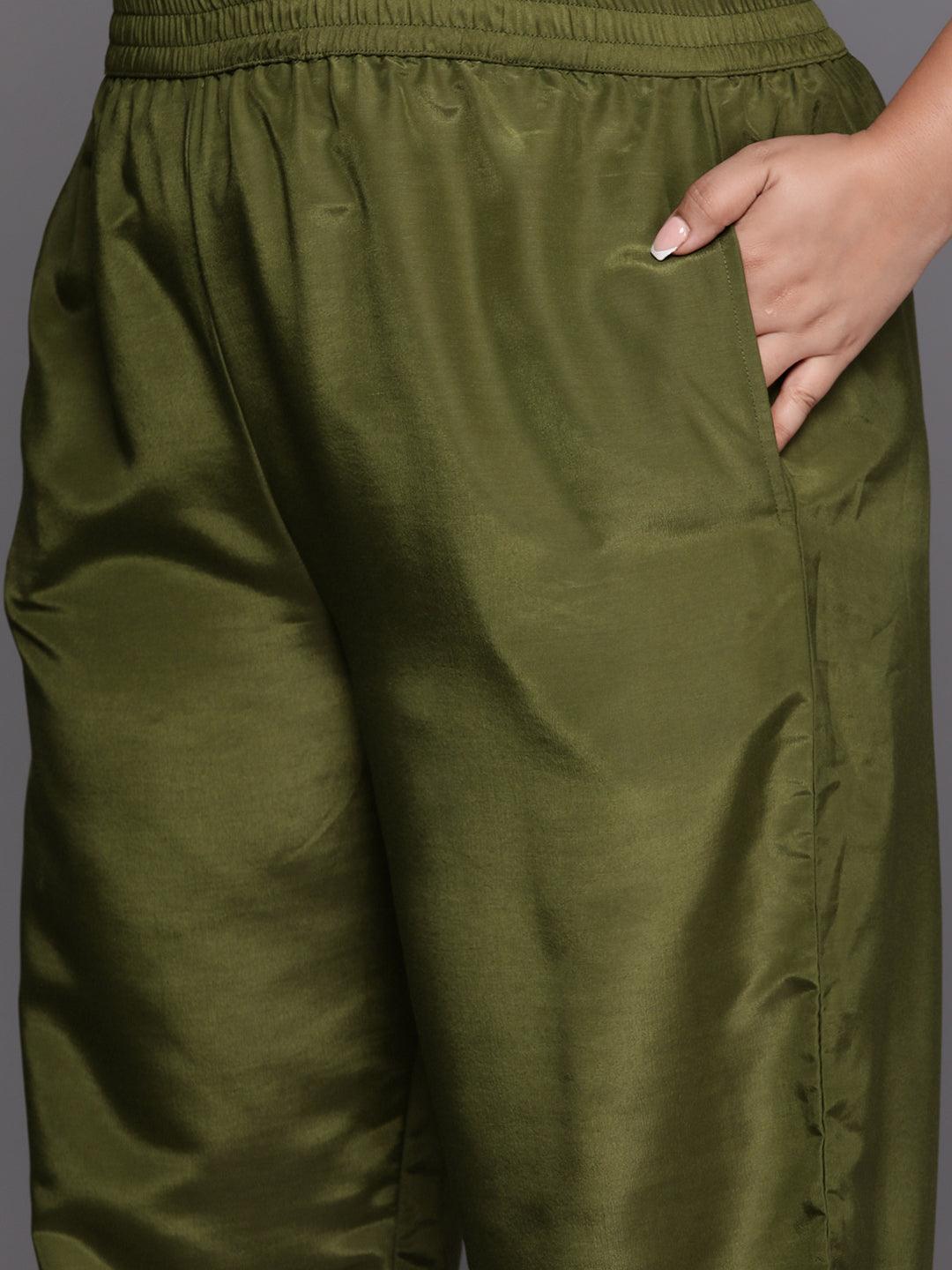 Plus Size Green Woven Design Silk Blend Straight Kurta With Trousers & Dupatta