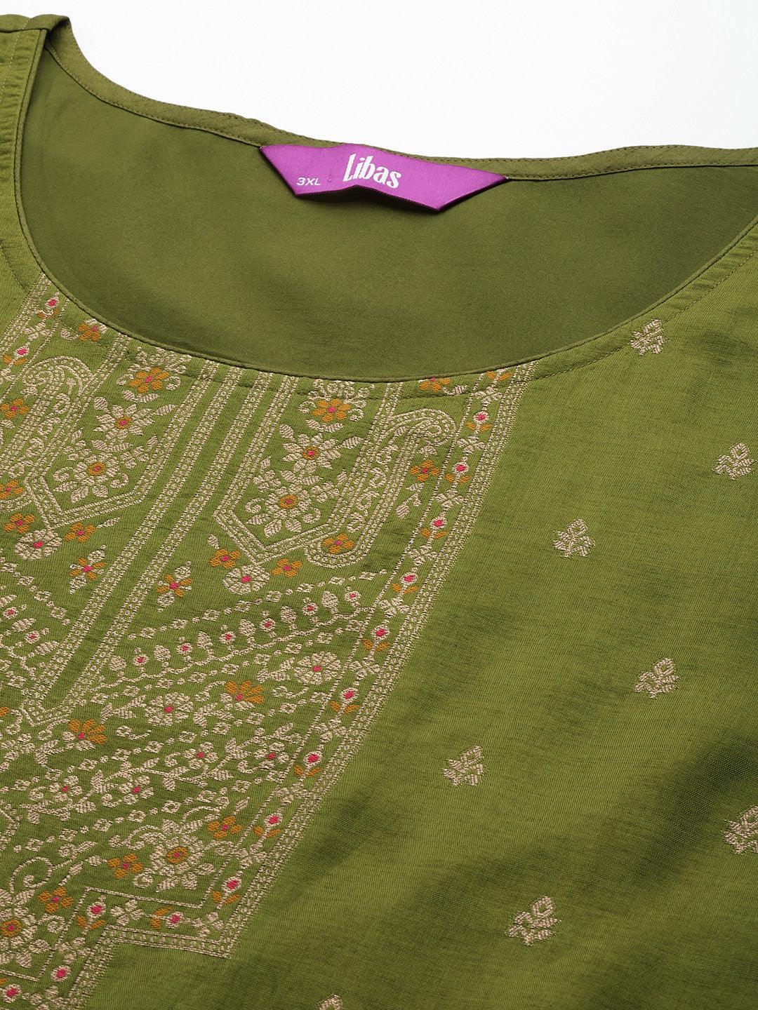 Plus Size Green Woven Design Silk Blend Straight Kurta With Trousers & Dupatta