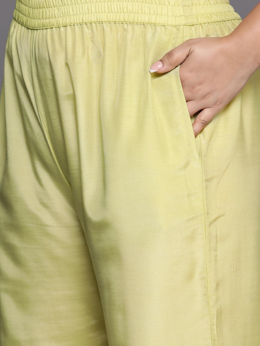 Plus Size Green Woven Design Silk Blend Straight Kurta With Trousers & Dupatta