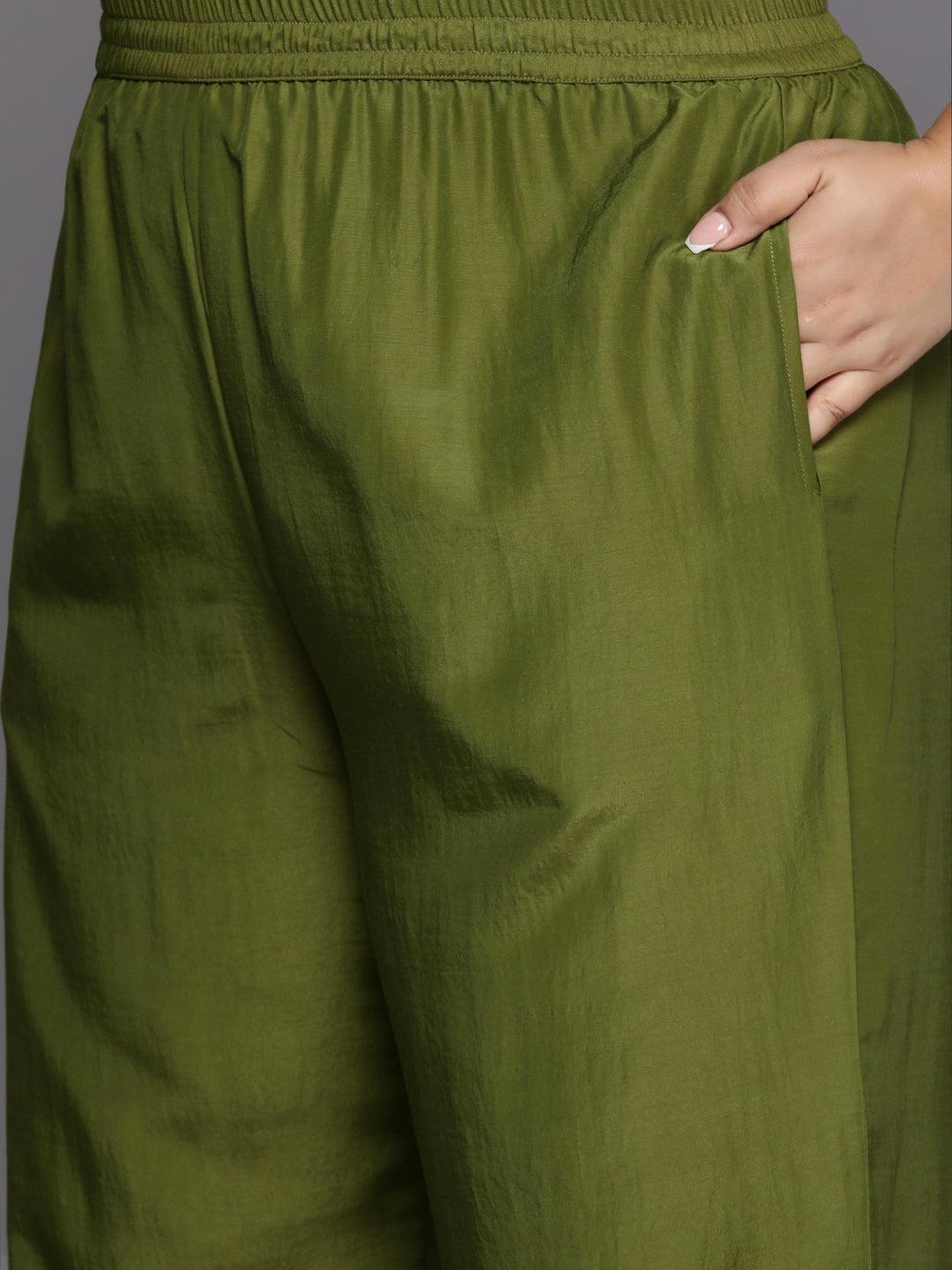 Plus Size Green Woven Design Silk Blend Straight Kurta With Trousers & Dupatta