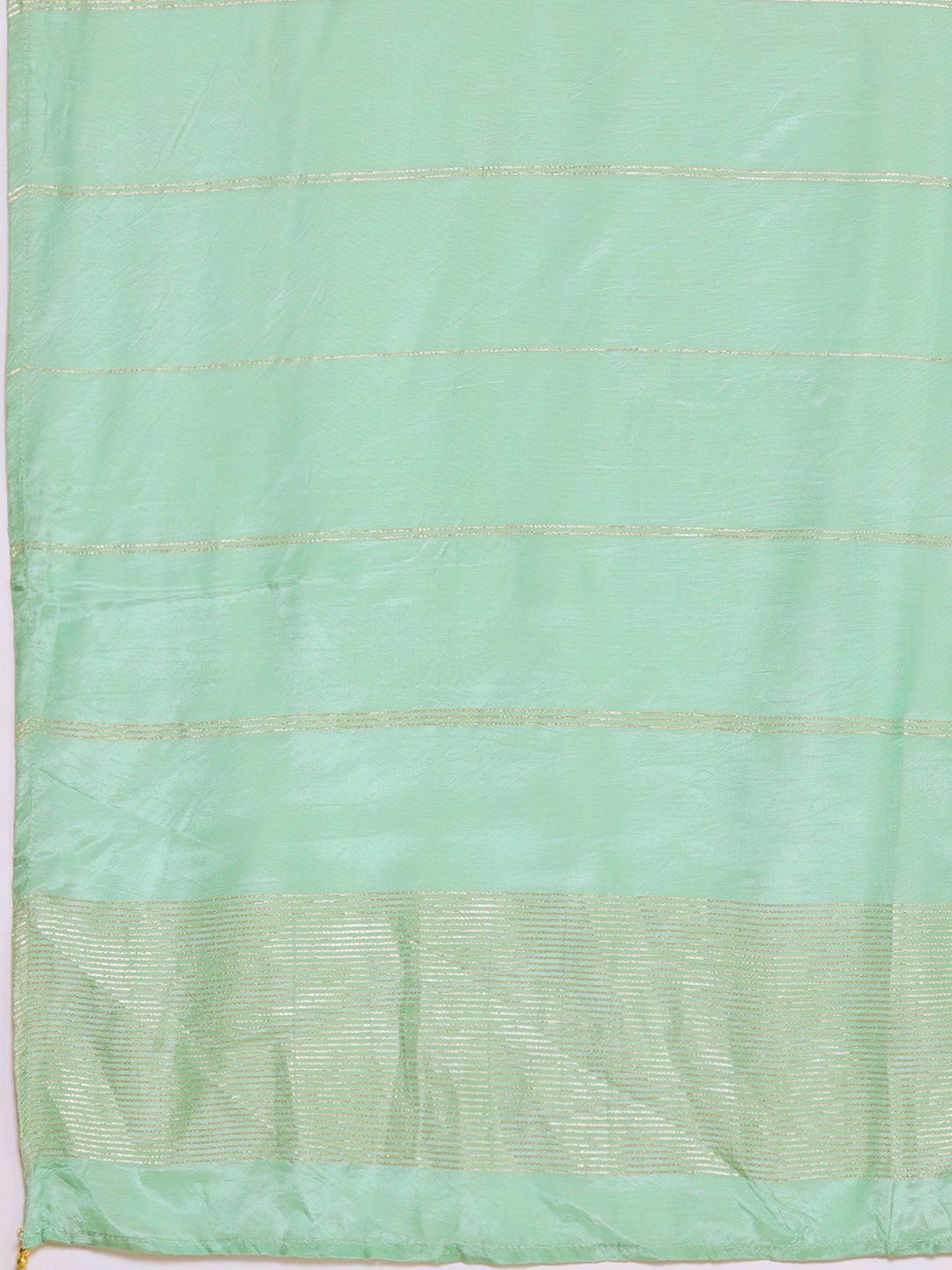 Plus Size Green Woven Design Silk Blend Straight Kurta With Trousers & Dupatta