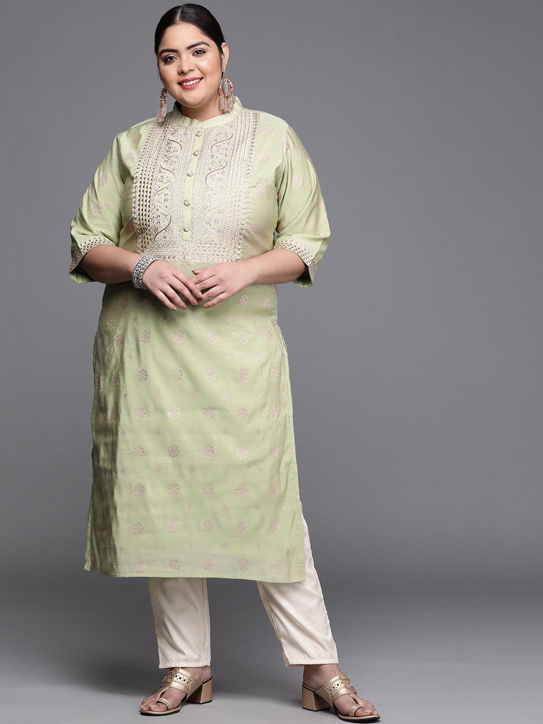 Plus Size Green Yoke Design Chanderi Silk Kurta