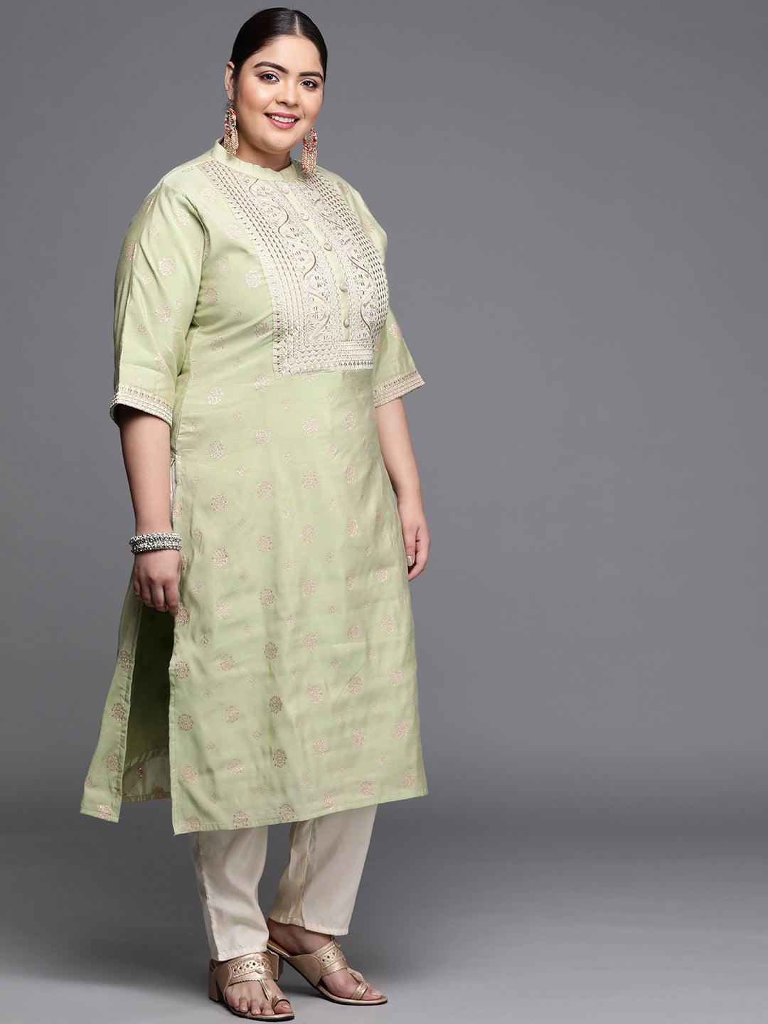 Plus Size Green Yoke Design Chanderi Silk Kurta