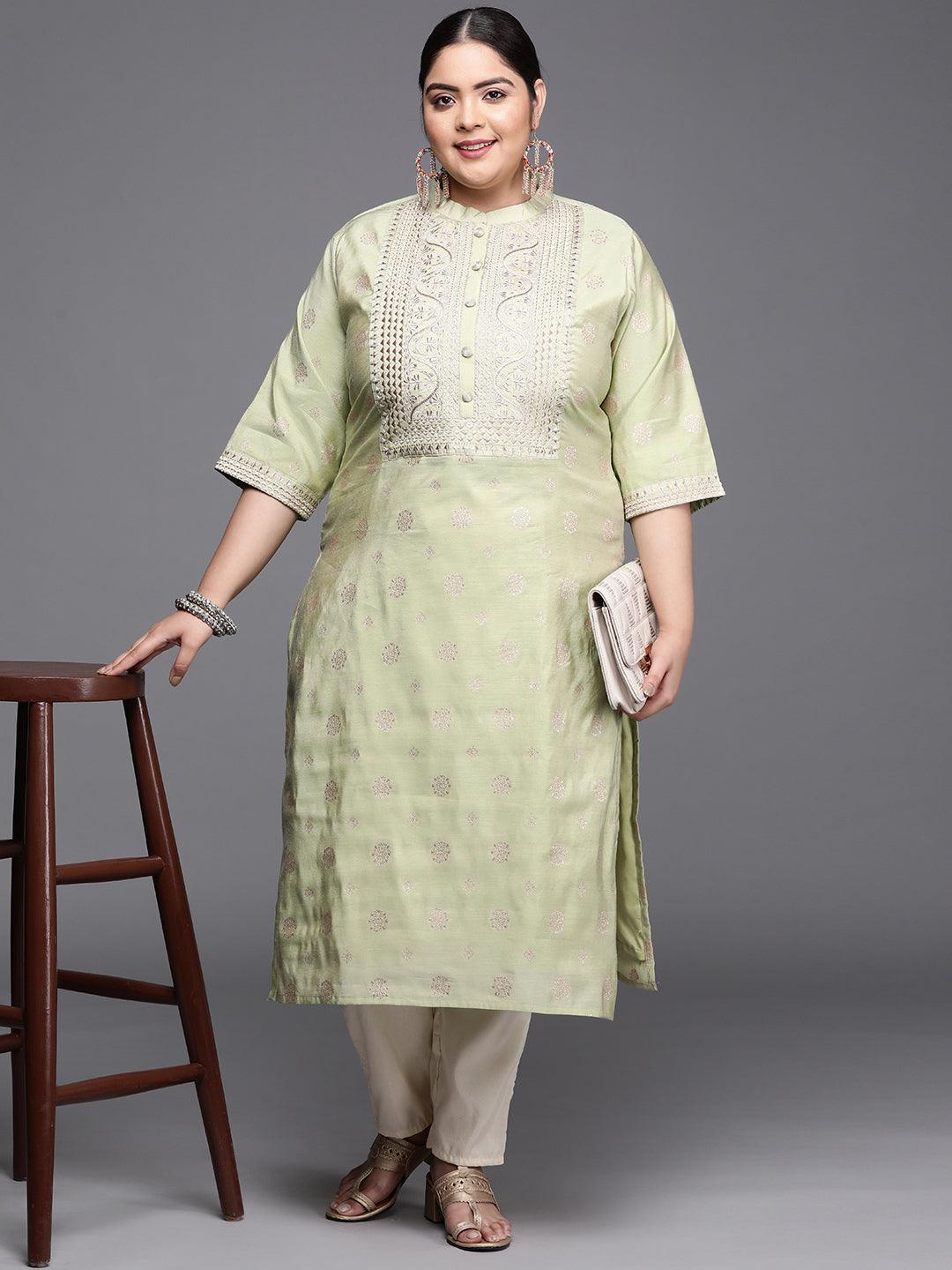 Plus Size Green Yoke Design Chanderi Silk Kurta