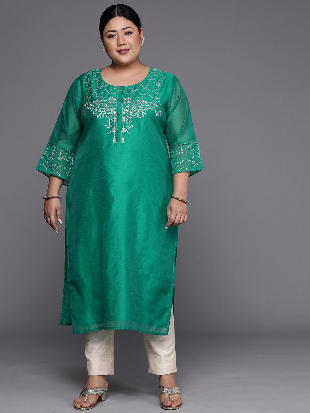 Plus Size Green Yoke Design Chanderi Silk Straight Kurta