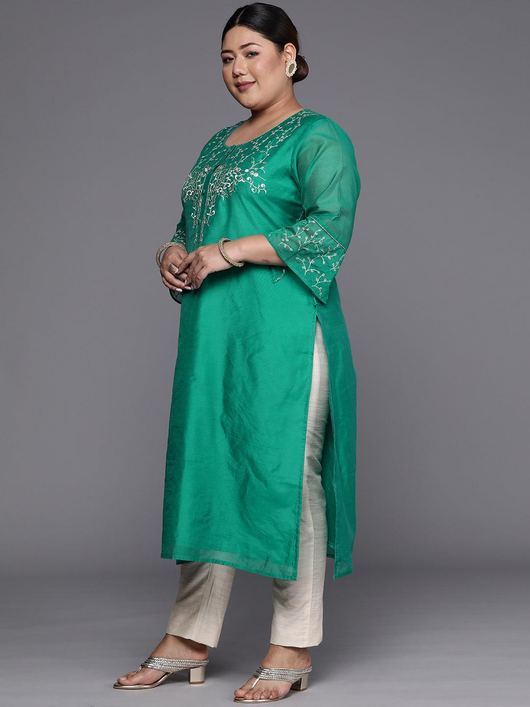 Plus Size Green Yoke Design Chanderi Silk Straight Kurta