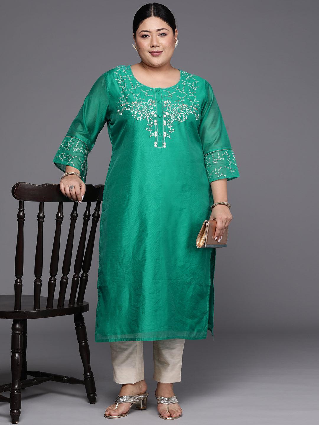 Plus Size Green Yoke Design Chanderi Silk Straight Kurta