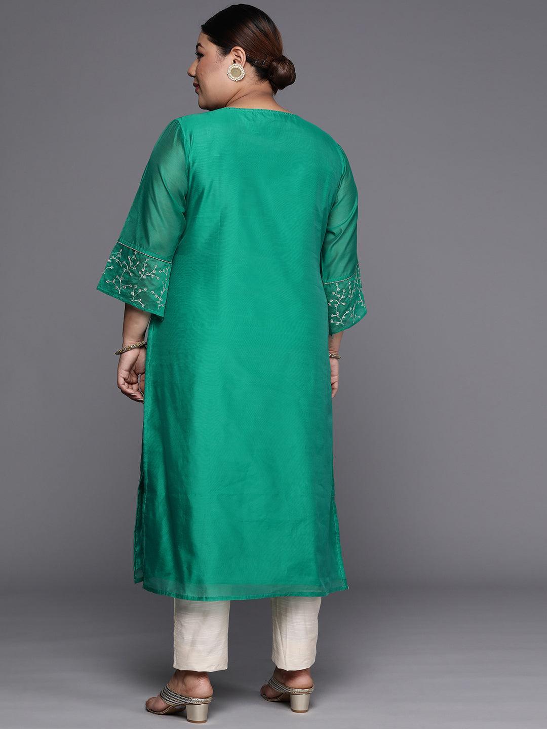 Plus Size Green Yoke Design Chanderi Silk Straight Kurta