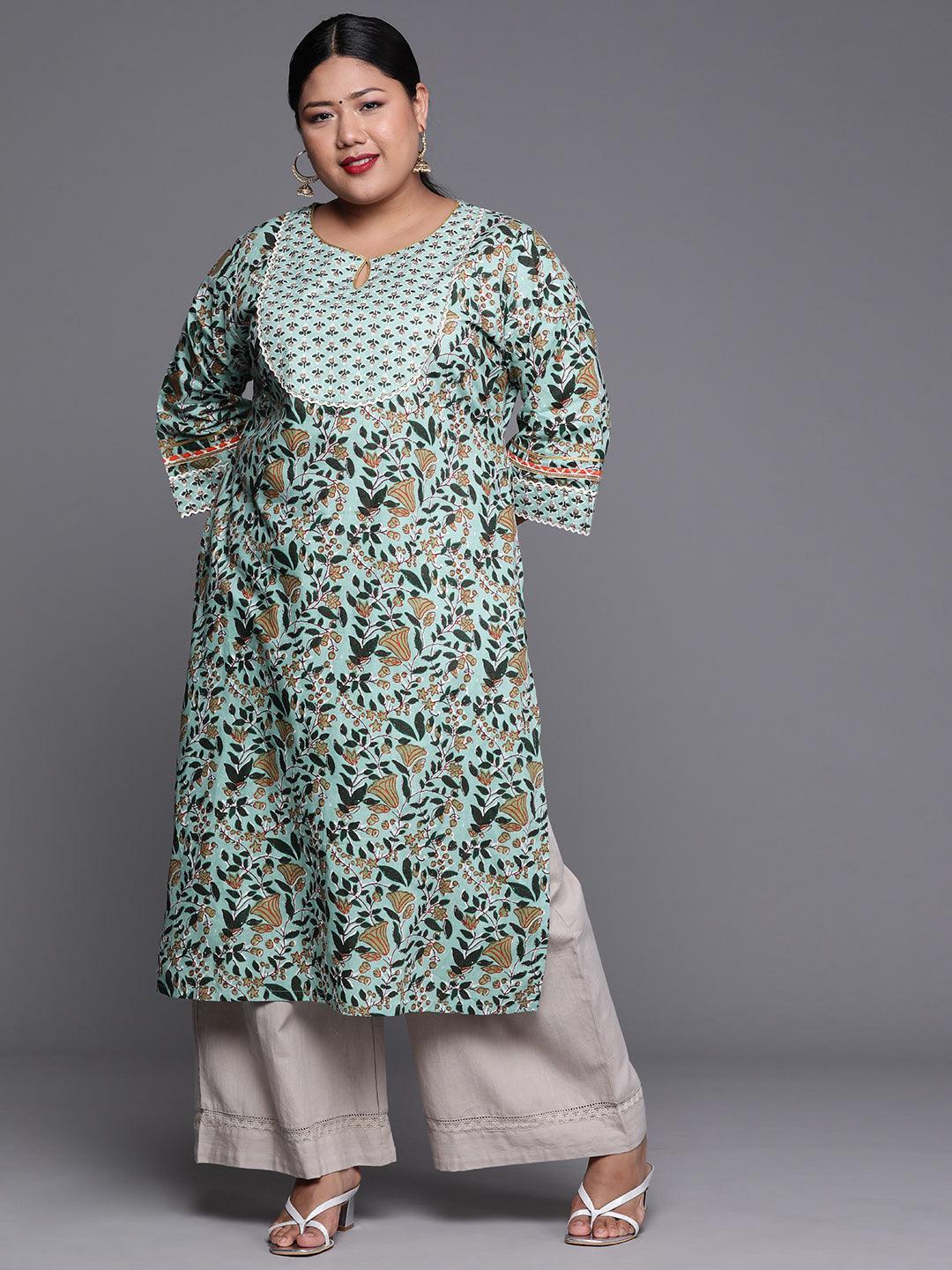 Plus Size Green Yoke Design Cotton Kurta