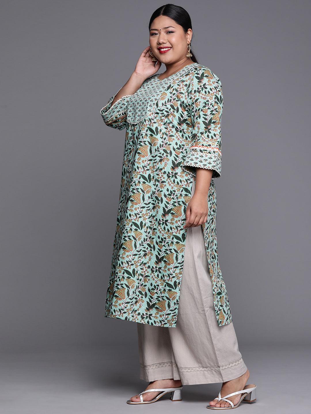 Plus Size Green Yoke Design Cotton Kurta