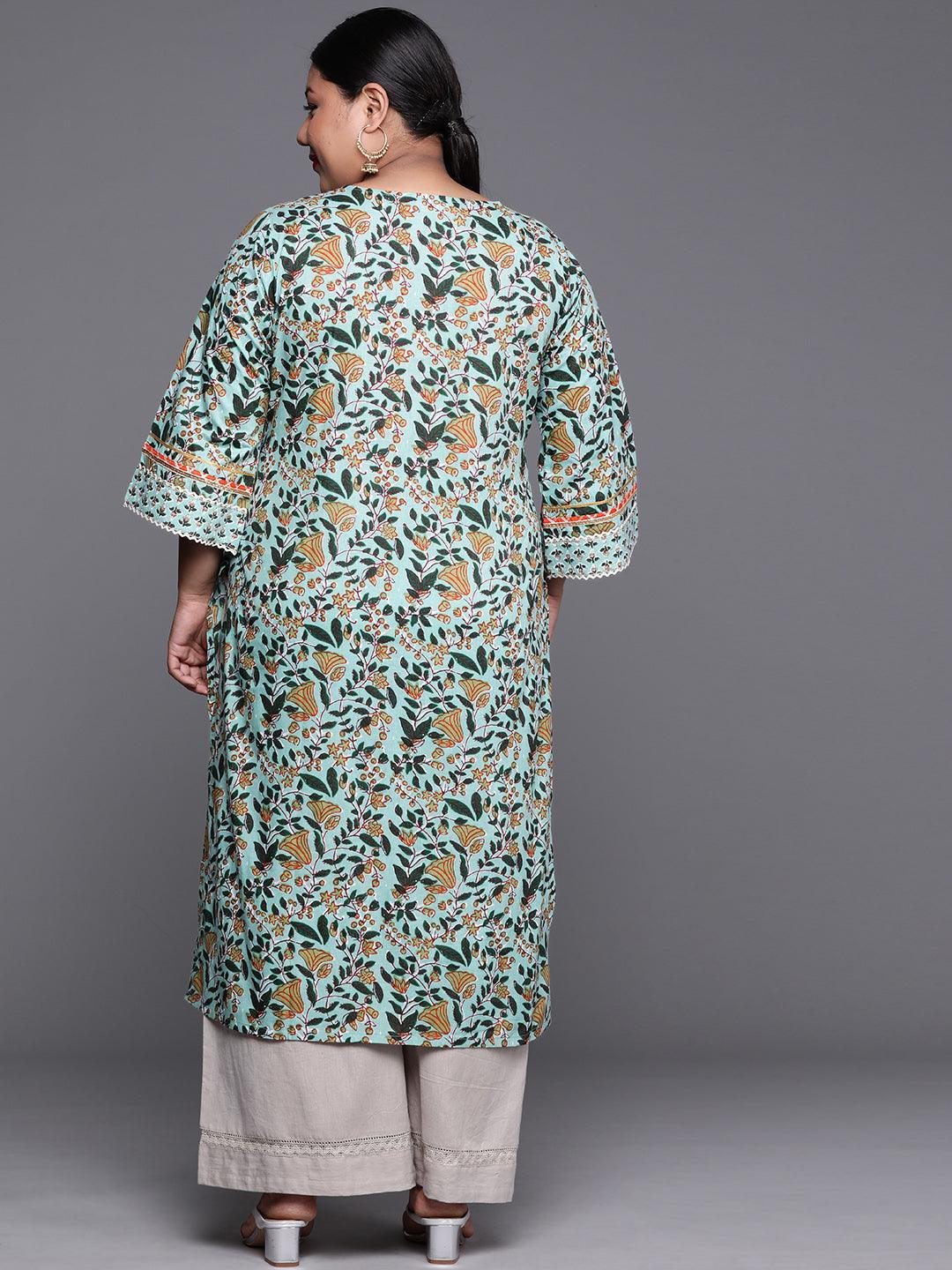 Plus Size Green Yoke Design Cotton Kurta