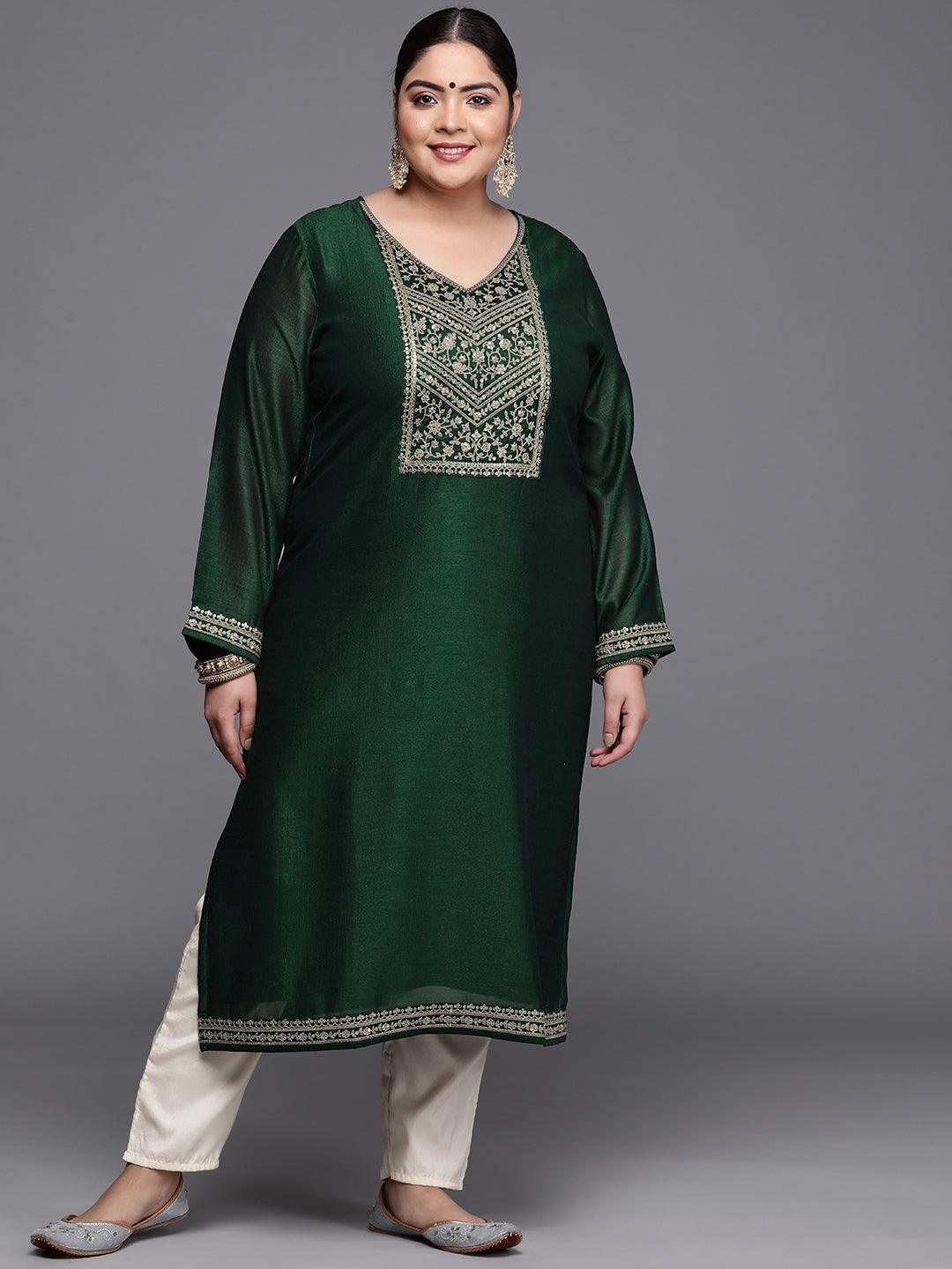 Plus Size Green Yoke Design Silk Kurta