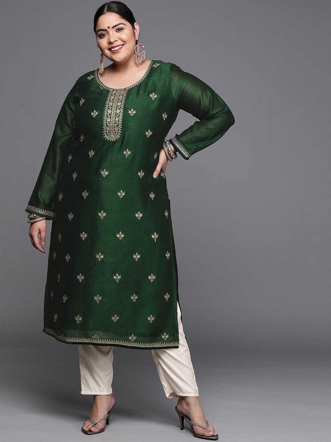 Plus Size Green Yoke Design Silk Kurta