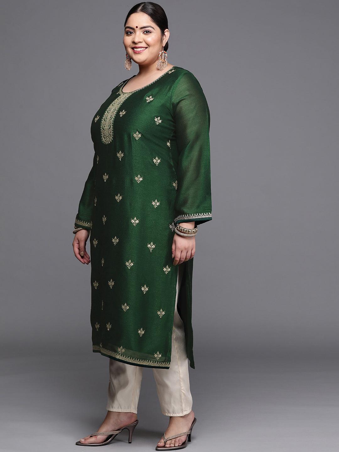 Plus Size Green Yoke Design Silk Kurta