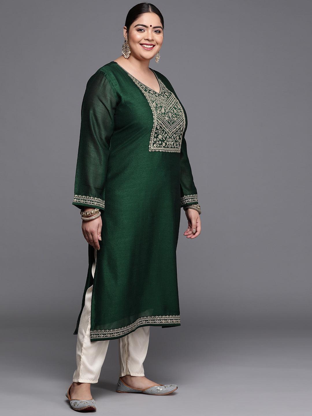 Plus Size Green Yoke Design Silk Kurta