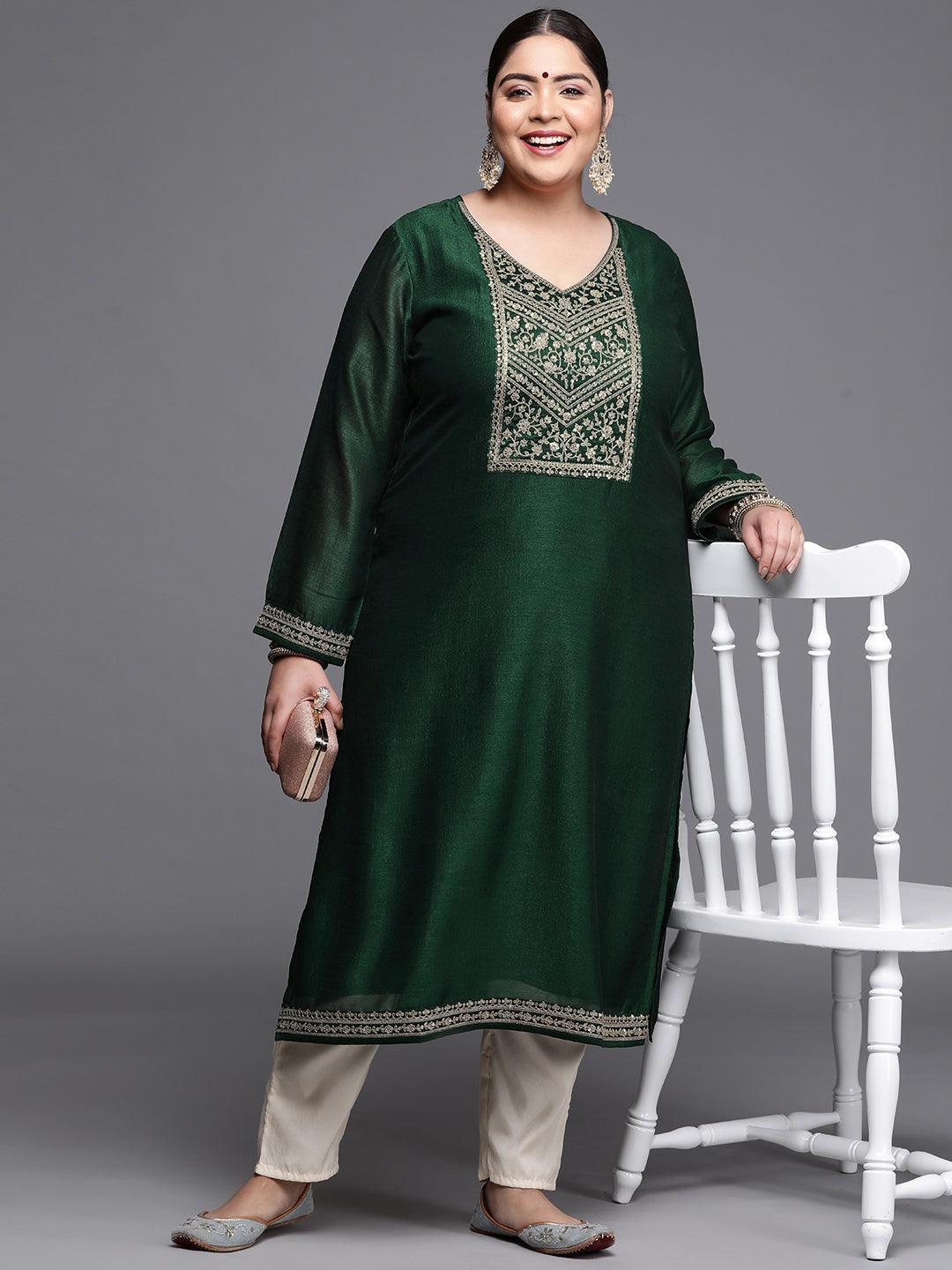 Plus Size Green Yoke Design Silk Kurta