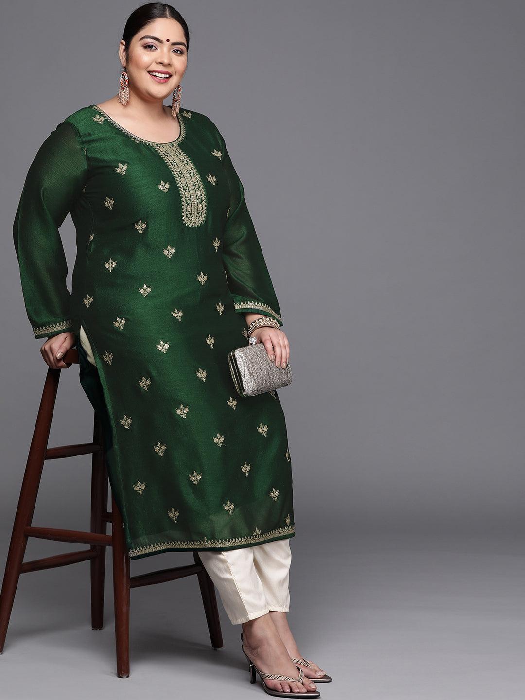 Plus Size Green Yoke Design Silk Kurta