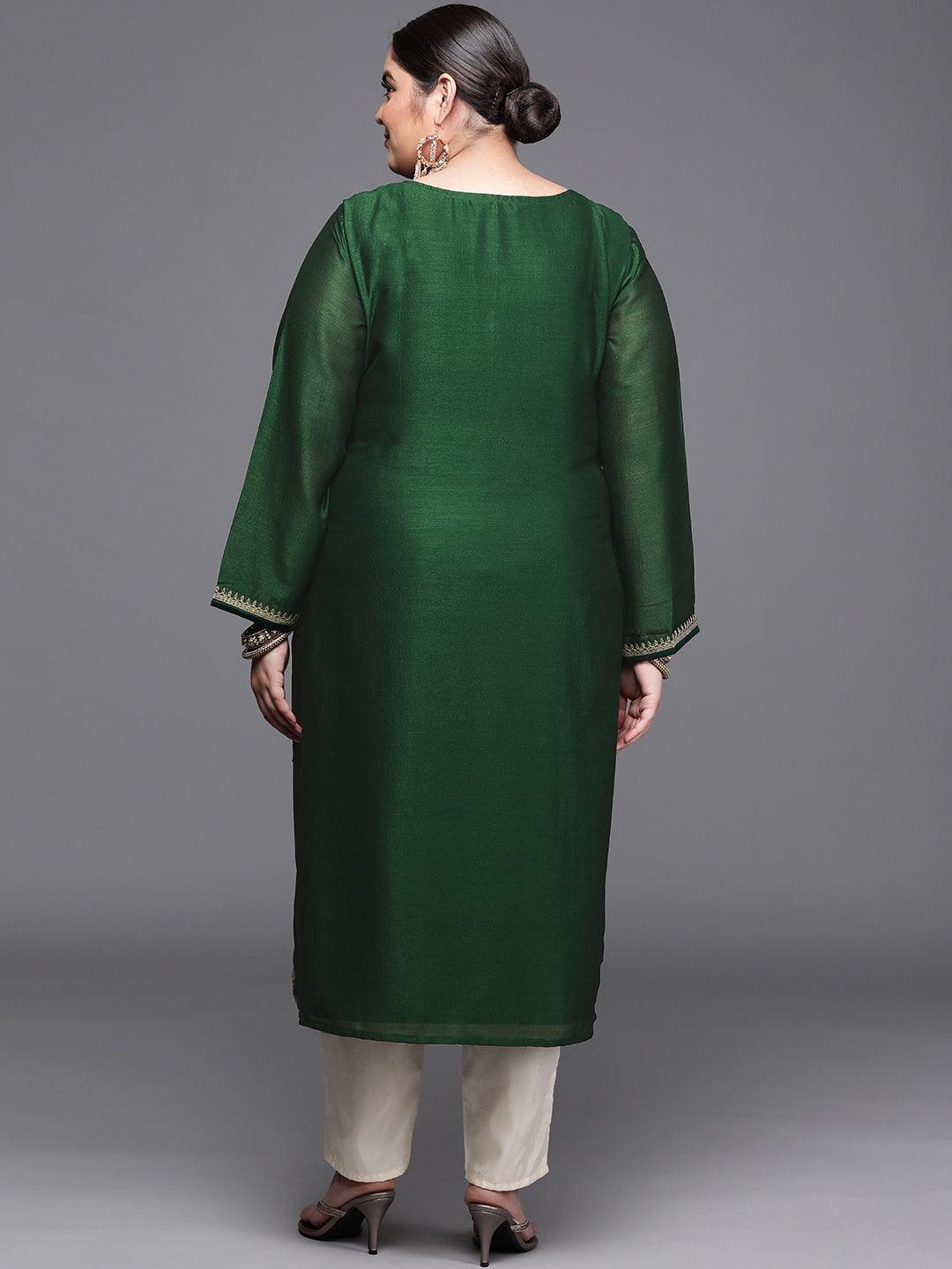 Plus Size Green Yoke Design Silk Kurta