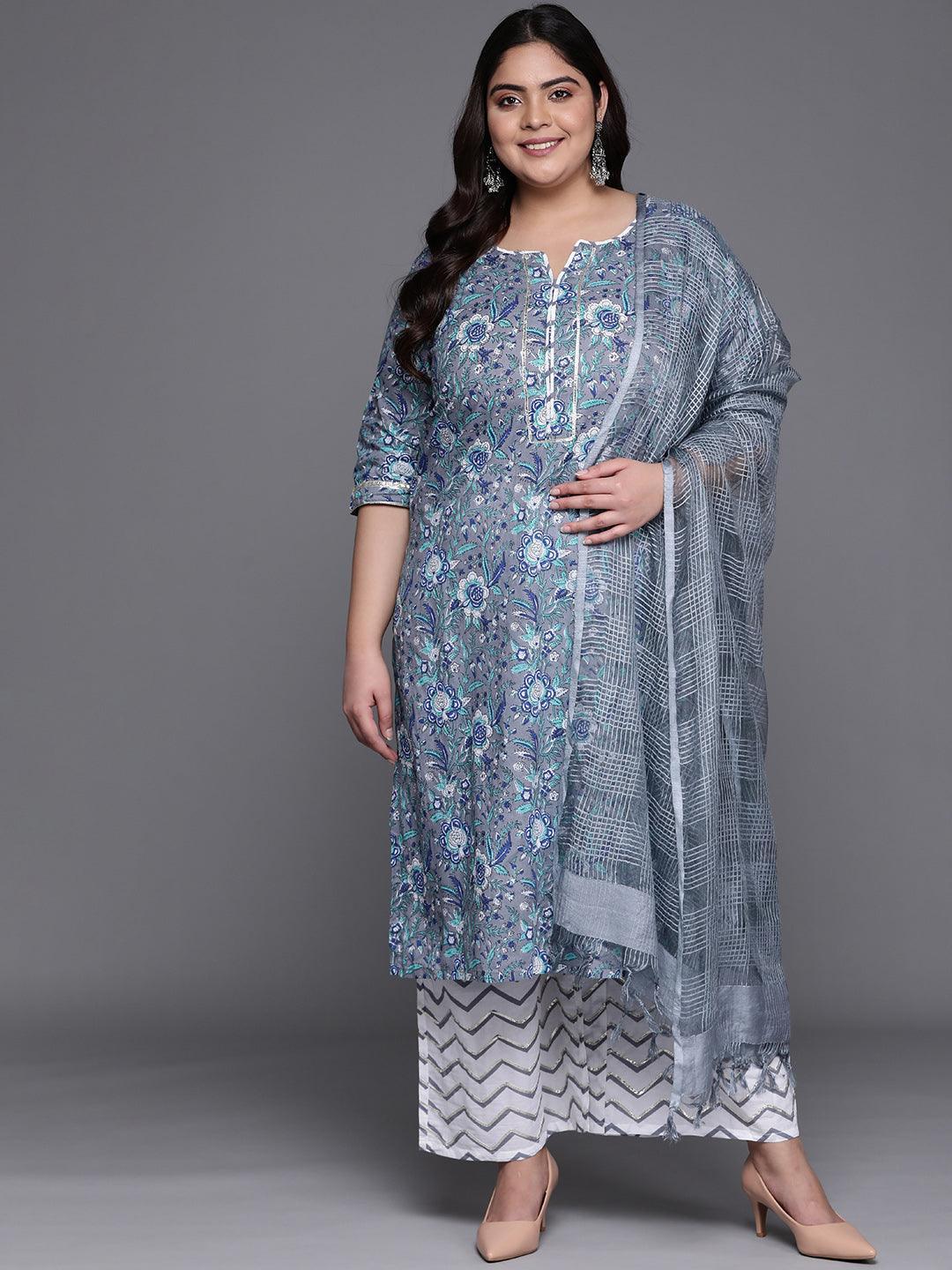 Plus Size Grey Printed Cotton Suit Set