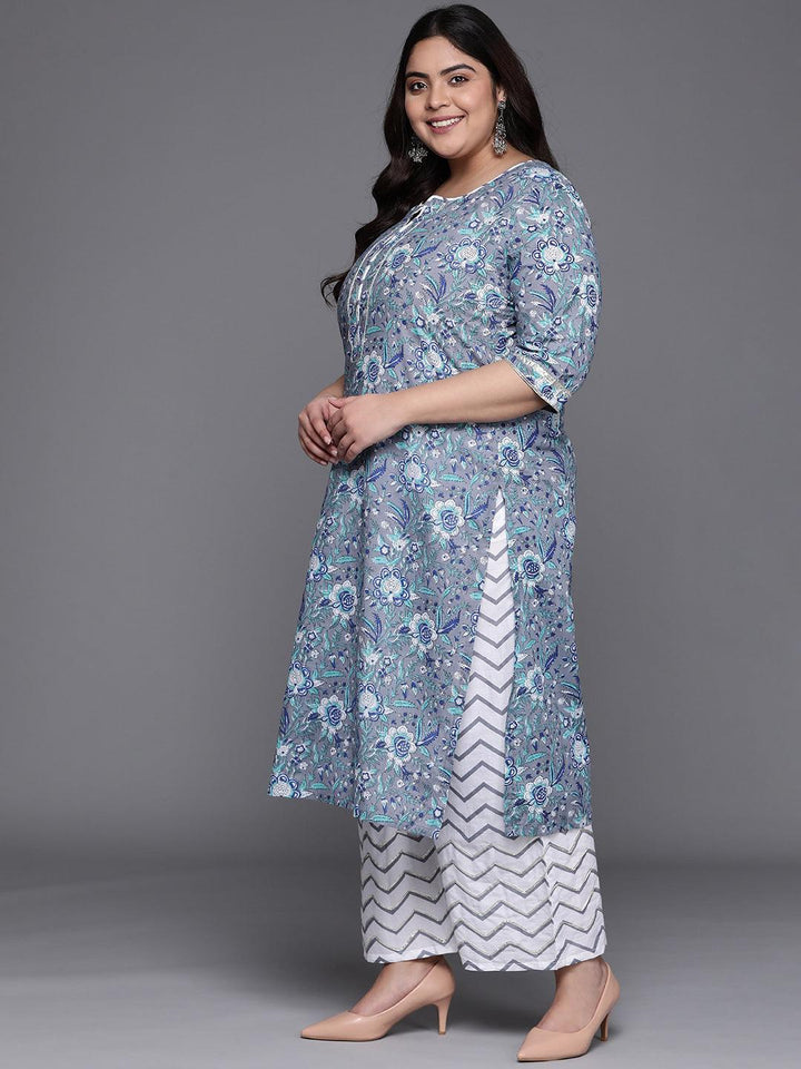 Plus Size Grey Printed Cotton Suit Set - ShopLibas