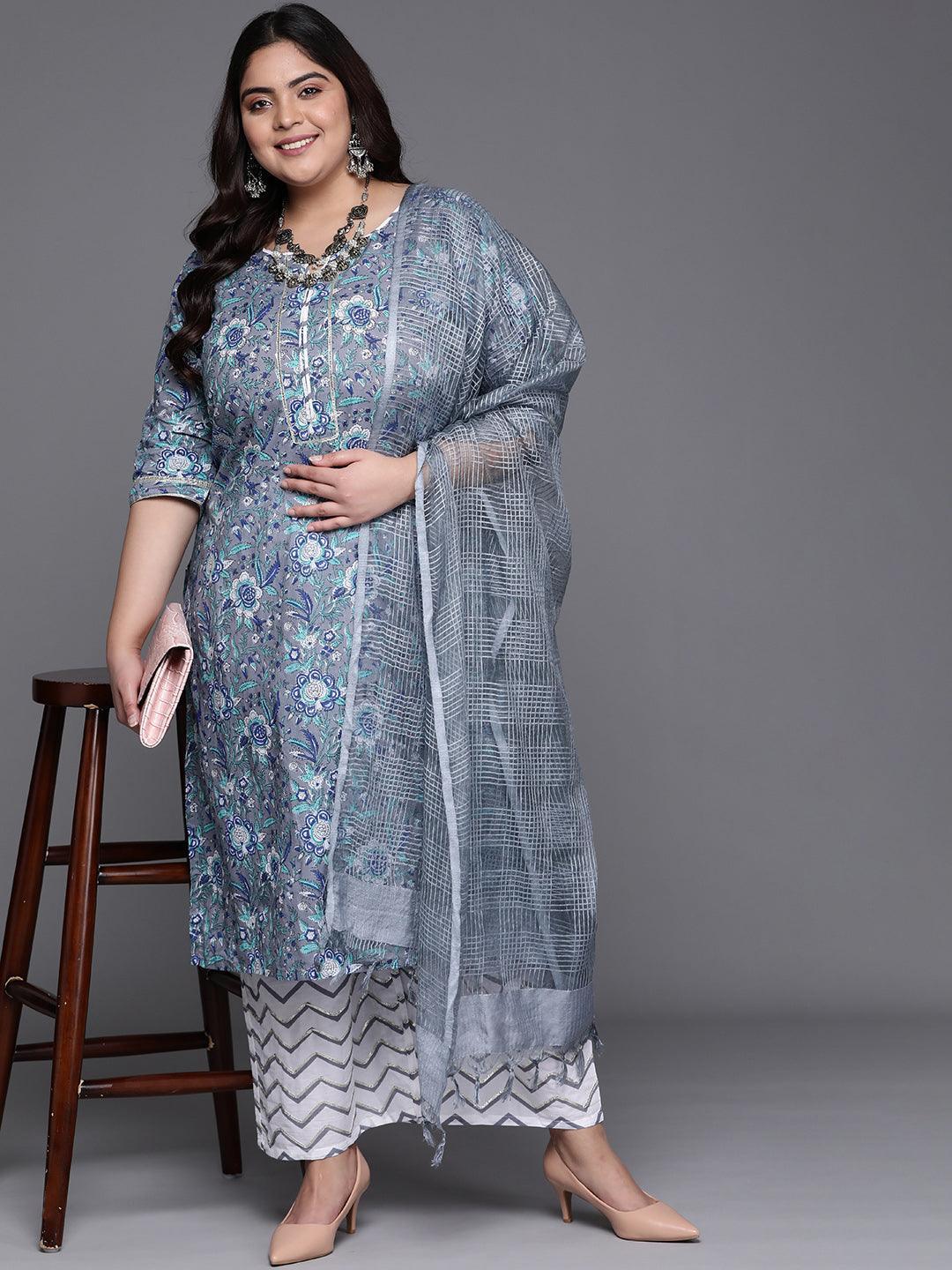 Plus Size Grey Printed Cotton Suit Set