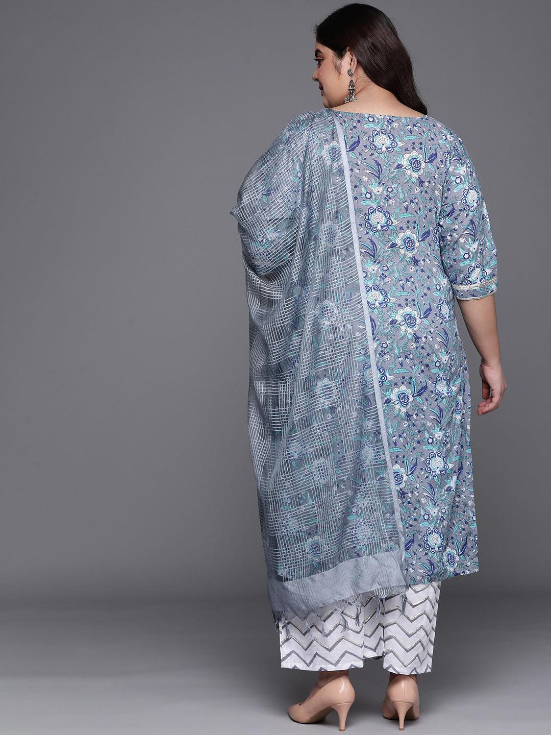 Plus Size Grey Printed Cotton Suit Set - ShopLibas